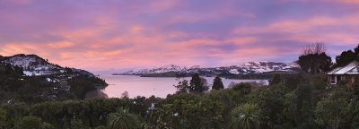 Panorama of winter sunset over Lyttelton Harbour, Canterbury, New Zealand