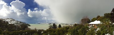 Panorama of snowstorm approaching Lyttelton Harbour, Canterbury, New Zealand