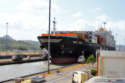 Ship passing through Miraflores Locks of the Panama Canal