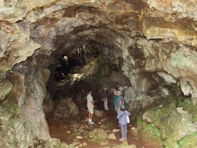 Searching a lava tube for Barn Owl, Finca Mariposa-Santa Cruz, Galapagos