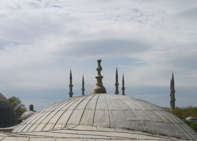 View from the Hagia Sofia looking towards the six minarets of the Blue Mosque, Istanbul