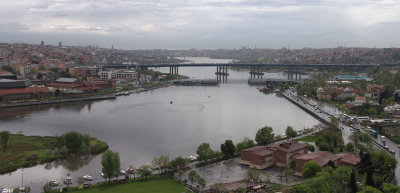 View from the Pierre Loti Cafe over the Golden Horn and a rather rainy Istanbul