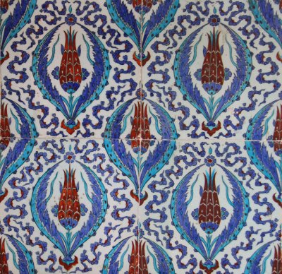 Detail of Iznik tile decoration in the Rstem Pasha Mosque, Istanbul