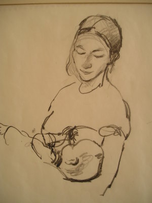 Mor och barn, teckning, av Gunnel Heineman