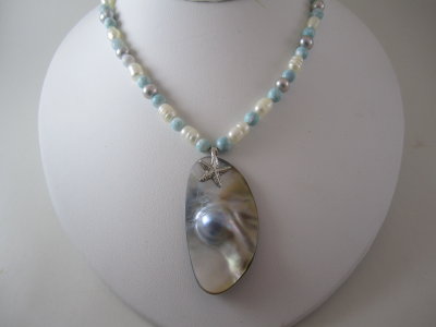 agate w/baroque pearl w/star fish in Sterling silver
