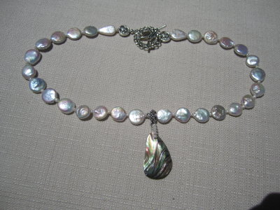 coin pearls with abalone pendant