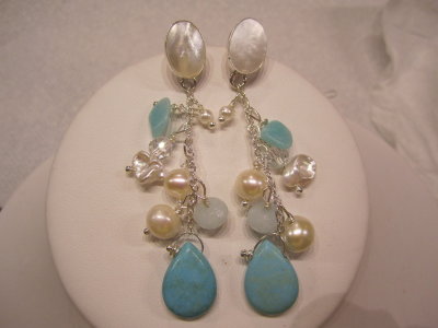 Earrings w/tourquoise,keshi pearls,amazonite, aquamarine