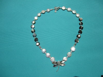 coin & shell pearls w/dragonfly