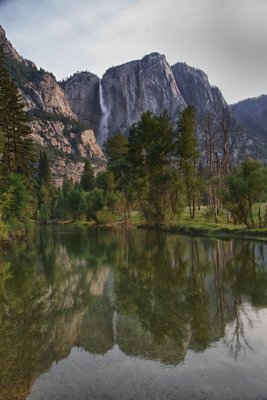 Upper Yosemite Falls and the Merced River from Swinging Bridge