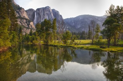 Upper Yosemite Falls and the Merced River from the Swinging Bridge
