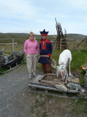 Honningsvag - Margaret with a Sami man on way to The North Cape
