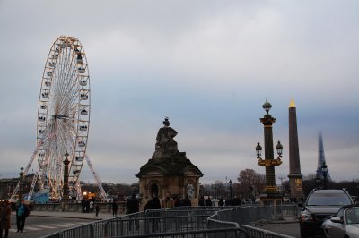 ferris wheel, obelisk, eiffel tower (by the tuileries garden)