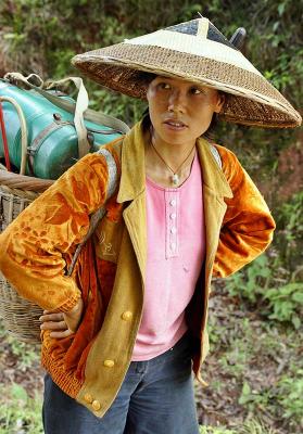 Going to the fields to spray pesticides. Ping Shan Po,