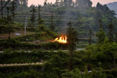 Burning on dry rice paddy. Sunset.