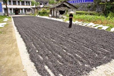 Chopped black plastic being dried in the sun near the highway before ascending to the mountain villages.