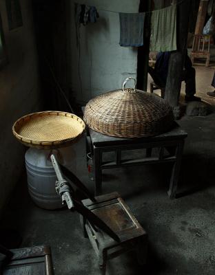 Baskets and a chair.