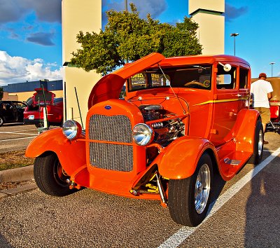An orange Ford