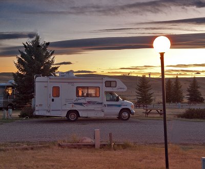 We settle into an RV park in our home on wheels as the sun sets on big sky country.