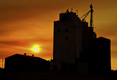 Roggen, CO grain elevator at sunrise.