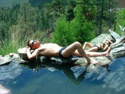 Sunbathing on the rocks of Spence Hot Springs