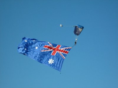 Skydiver with giant Aussie flag