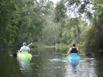 Kayak trip hunting platypus, Helen in blue kayak