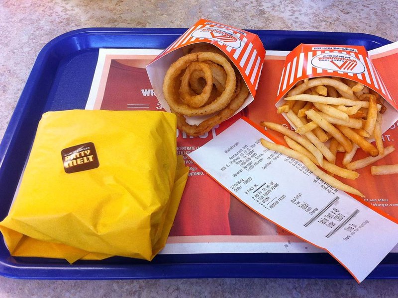Whataburger Patty Melt with Onion Rings and Fries