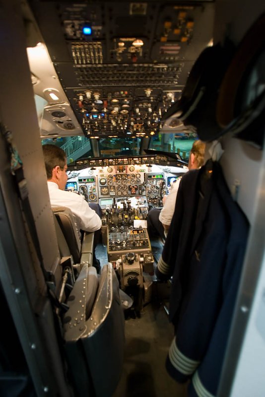 The cockpit of a McDonnell Douglas MD-80 series airliner