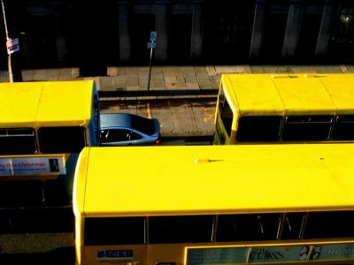 three yellow buses and one car