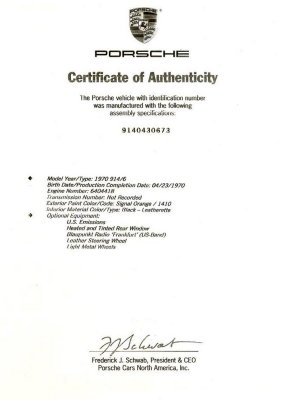 Certificate of Authenticity - sn 914.043.0673