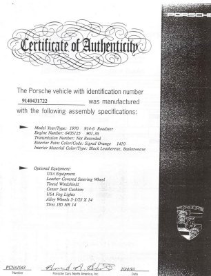 1970 Porsche 914-6 sn 914.043.1722 Chassis No 131736 - Certificate of Authenticity