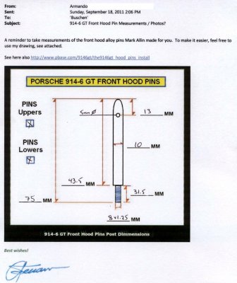 914-6 GT Hood Pins Drawing and Dimmensions