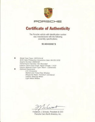 1970 Porsche 914-6 sn 914.043.0673 2012Mar03 eBay - Certificate of Authenticity