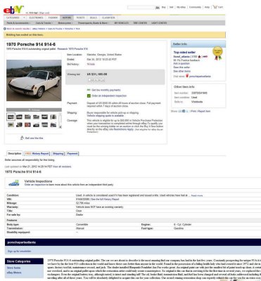 70 Porsche 914-6 sn 914.043.2586 eBay Auction 20120324 Sold for $30,100