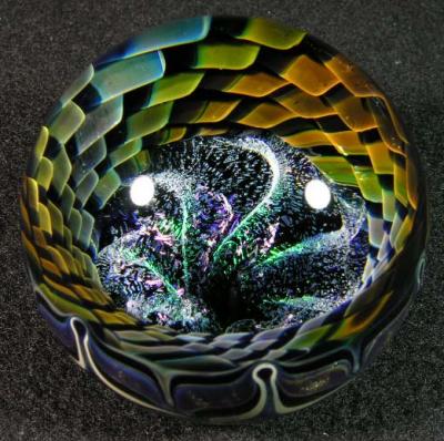 Really cool design with fumed stripes on the top, and swirling dichro in the bottom.