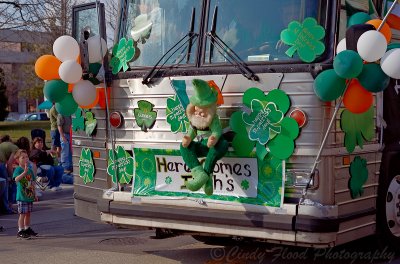 Waving at St. Pat on the bus