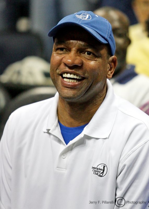 Boston Celtics Head Coach and former NBA star Doc Rivers at the game to watch his son play for Duke