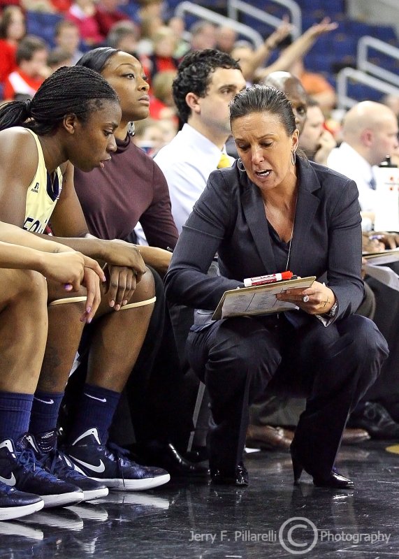 Georgia Tech Yellow Jackets Head Coach MaChelle Joseph gives instruction to G Marshall during the game