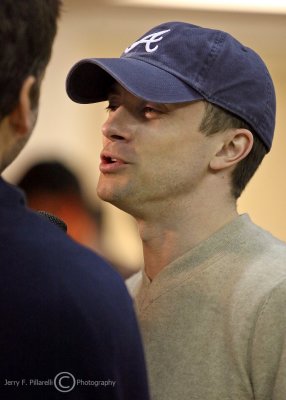 Actor Topher Grace of TV’s “That 70’s Show” fame is interviewed during the game