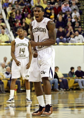 Yellow Jackets G Shumpert celebrates a basket and works to stir up the crowd