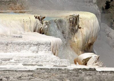 Hot spring water flows off of the edge of the Main Terrace at Mammoth Hot Springs