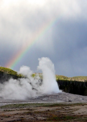 Rainbow over Old Faithful Geyser as it comes to life in a rain storm in Yellowstone National Park
