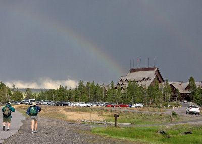 Double rainbow over Old Faithful Lodge in Yellowstone National Park
