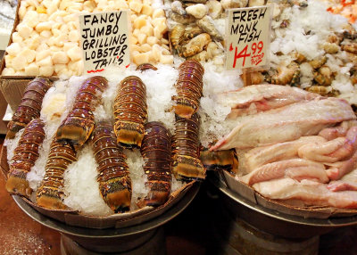 Lobster and Monk Fish ready for purchase at the Pike Place Fish Market