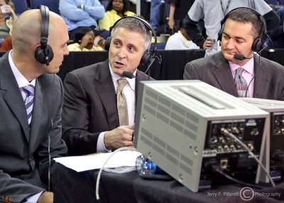 Georgia Tech Yellow Jackets Head Coach Brian Gregory talks with ESPN after the victory over Siena