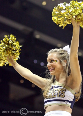 Georgia Tech Yellow Jackets Cheerleader works the crowd from above