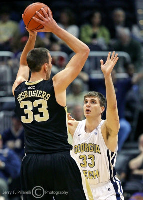 Georgia Tech G Derek Craig is mismatched on the switch against Wake Forest C Carson Desrosiers