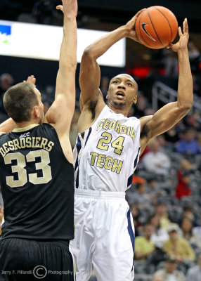 Georgia Tech F Holsey shoots over Wake Forest C Desrosiers