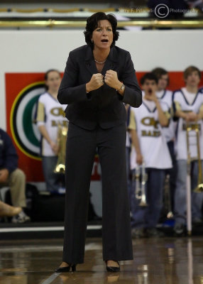 Miami Hurricanes Head Coach Katie Meier encourages her team to get tough in the final minutes of the game