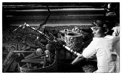 Musicians & musical instruments travelling on a pick up truck bed, Bali